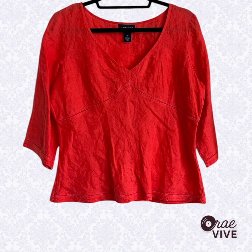 Ann Taylor 12P Blouse Vermilion 100% Irish Linen 3/4 Sleeve V-Neck Top